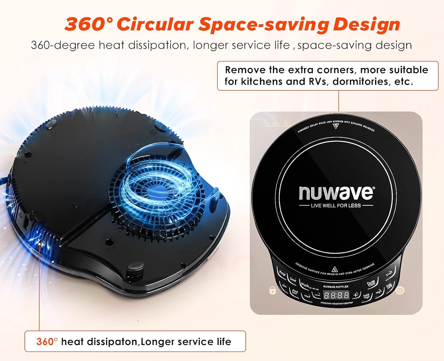 Nuwave Flex Precision Induction Cooktop, 10.25” Shatter-Proof Ceramic Glass, 6.5” Heating Coil, 45 Temps from 100°F to 500°F, 3 Wattage Settings 600, 900 & 1300 Watts, Black - Image 4